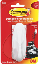 Command 17083 Large Designer Hook, 4-1/8 in L x 1-1/2 in W x 1-1/2 in H Dimensions, 3/4 in Opening, 5 lb, 1-Hook, White